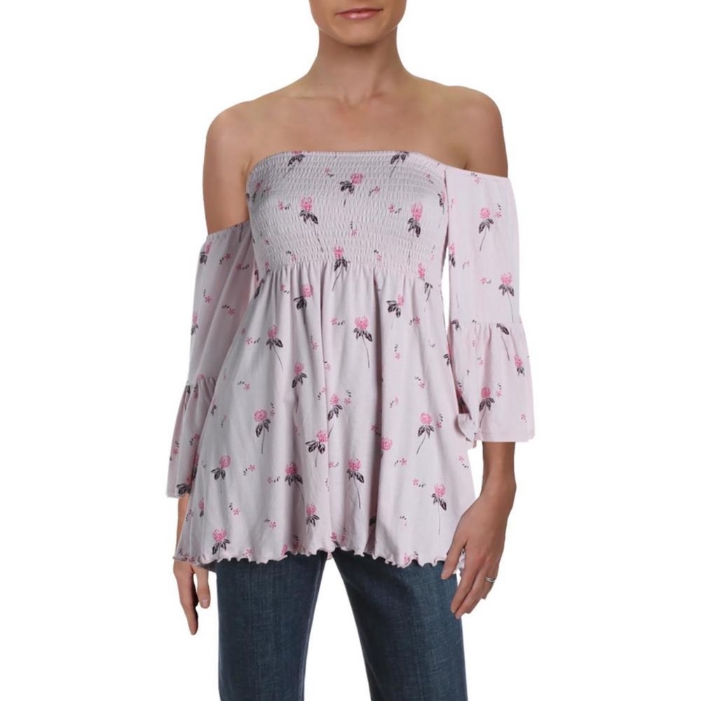 Free people NWT pink floral off shoulder smocked baby doll top medium